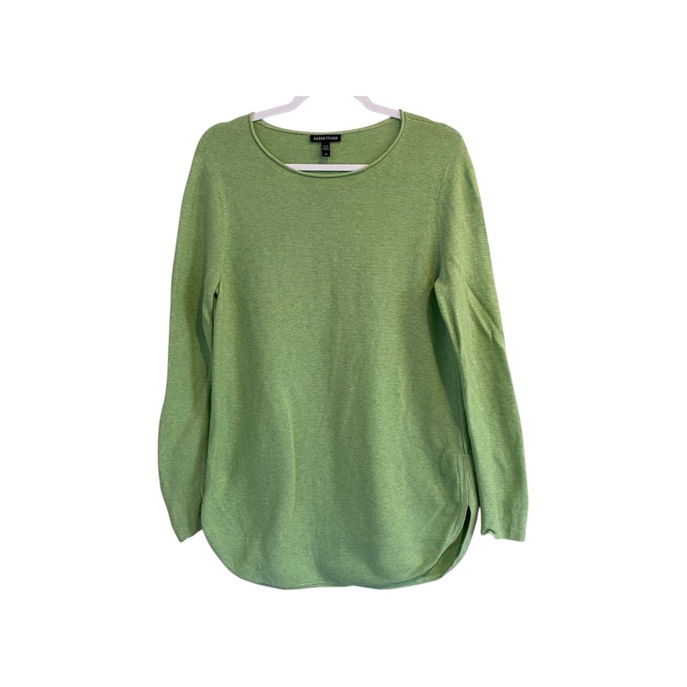 Eileen Fisher Organic Cotton Sweater Small Petite Green Knit Pullover Top